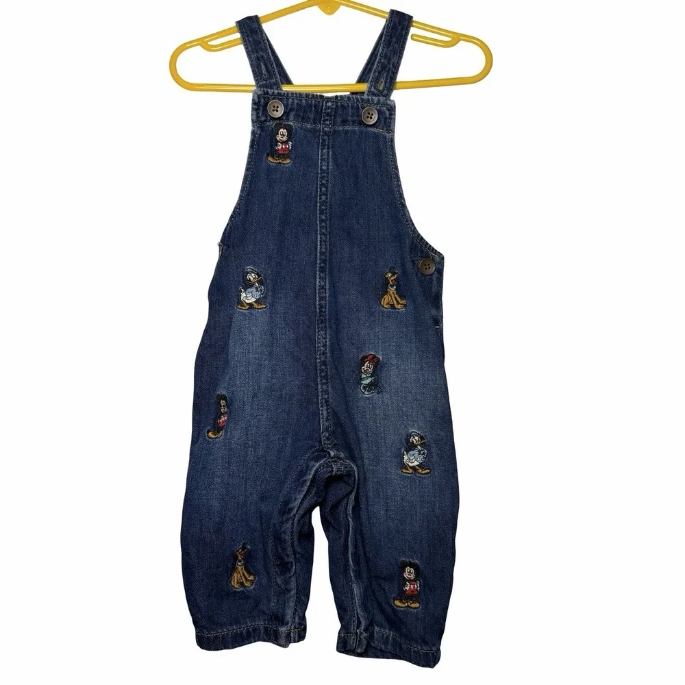 Baby Gap x Disney Denim Overalls 3-6M Mickey Friends Embroidered Dark Wash